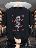 Men's T-Shirt Asia Style Dragon Roaring With Pink Thunderbolt Clouds Black Dragon