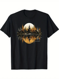 Men's T-Shirt Golden Sunset Reflected Forest Silhouette Over Calm Water Lake