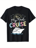Men's T-Shirt My First Cruise Pastel Colors Tropical Sun With Palm Trees And Ocean Waves Cruise Ship