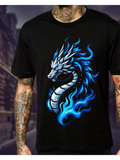 Men's T-Shirt Vivid Blue Flames Twisting Around Majestic White Dragon
