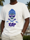 Men's T-Shirt Rap Bold Blue Hat Skull With Sunglasses Microphones And Lightning Skull