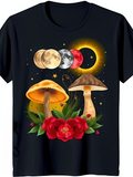 Men's T-Shirt Celestial Phases With Mushrooms And Vibrant Red Flowers Under Starry Night Sky
