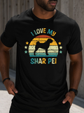 Men's T-Shirt I Love My Retro Sunset With Stars And Silhouette Of Proud Shar Pei Dog