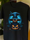 Men's T-Shirt Glowing Blue Flames With Wicked Smiling Pumpkins In Witch Hat Jack O Lantern