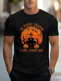 Men's T-Shirt In Every Season Orange Full Moon With Spooky Trees Pumpkins And Old Cross Cemetery