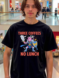 Men's T-Shirt Three Coffees No Lunch Cartoon Fantasy Hero With Sword And Coffee Shield
