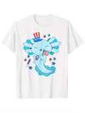Women's T-Shirt Cute Blue Axolotl Wearing Patriotic Hat Holding Us Flag Surrounded By Stars