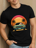 Men's T-Shirt Retro Sunset Palms With Reflected Vintage Sport Car