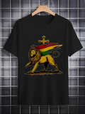 Men's T-Shirt Reggae Colored Crowned Lion With Waving Striped Royal Banner