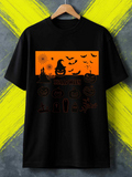 Men's T-Shirt Halloween Night Pumpkins And Bats With Haunted Castle Silhouette