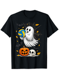 Men's T-Shirt Playful Ghost With Volleyball Surrounded By Pumpkins And Autumn Leaves