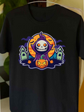 Men's T-Shirt Dark Night With Haunted Houses Glowing Pumpkins Under Full Moon Skeleton Reaper