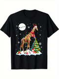 Men's T-Shirt Festive Giraffe Among Christmas Tree Presents And Snow Under Full Moon