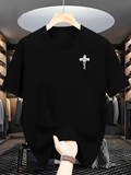 Men's T-Shirt Minimal Cross Symbol With Letters Vertical Center On Black Shirt