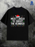 Men's T-Shirt Most Likely To Shoot The Reindeer With Santa Hat And Christmas Lights T Shirt