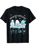 Men's T-Shirt Snow Day Supporter Let It Snow Three Blue Gnomes With Falling White Snowflakes