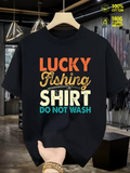 Men's T-Shirt Lucky Fishing Shirt Colorful Letters On Black Cotton Tee