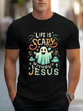 Men's T-Shirt Life Is Scary Without Jesus With Cute Spooky Ghost Surrounded By Colorful Stars