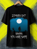 Men's T-Shirt Zombies Eat Brains You Are Safe Creepy Night Moonlight With Raised Hands Silhouetted Zombie Graveyard