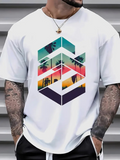 Men's T-Shirt Tropical Sunset Silhouettes With Geometric Chevron Pattern And Palm Trees