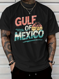 Men's T-Shirt Gulf Of Mexico Retro Sunset With Palm Tree And Wavy Water Scene