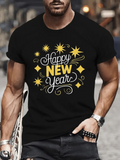 Men's T-Shirt Happy New Year With Golden Stars And Retro Lettering Fireworks