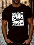 Men's T-Shirt Easily Distracted By Airplanes Flying Above Striped Background With Silhouette Of Airplane