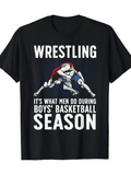 Men's T-Shirt Wrestling Bold Letter Cartoon Illustration With Red Cape Sportsman Under Spotlight