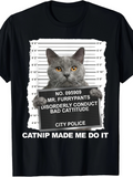 Men's T-Shirt Catnip Made Me Do It Funny Mugshot Cat Graphic With Grey Tabby