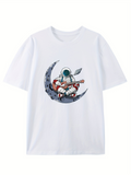 Men's T-Shirt Relaxing Astronaut Sitting On Crescent Moon Playing Guitar
