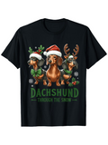Men's T-Shirt Dachshund Through The Snow With Festive Christmas Hats Surrounded By Reindeer Antlers And Snowflakes Dachshund