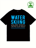 Men's T-Shirt Water Skiing Simplified Blue Letters On Plain Black Cotton T Shirt