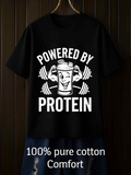 Men's T-Shirt Powered By Protein Cartoon Strength With Barbell And Smiling Protein Drink