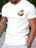 Men's T-Shirt Waves And Sun Setting Behind Palm Tree Under Coastal Sky