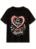 Men's T-Shirt Love Makes The World Round Pink Heart With White Leaves And Decorative Swirls