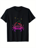 Men's T-Shirt Colorful Neon Crab Design With Floating Bubbles Among Deep Black Shirt Crab