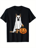 Men's T-Shirt Happy Halloween Dog With Carved Pumpkin Under White Ghost Sheet