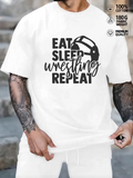 Men's T-Shirt Eat Sleep Wrestling Repeat With Illustrated Headgear And Bold Script Text