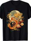 Men's T-Shirt Golden Moonlit Landscape With Blossoms And Flowing Dragon