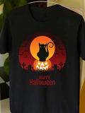Men's T-Shirt Happy Halloween Black Cat With Glowing Pumpkin Under Orange Moon