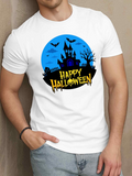 Men's T-Shirt Happy Halloween Haunted Castle With Flying Bats And Spooky Moonlight