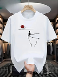 Men's T-Shirt Minimalist Abstract Sun Over Clifftop Figure Contemplating Horizon