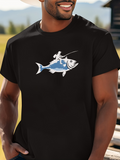 Men's T-Shirt Playful Adventure With Fisherman Riding On Smiling Blue Fish