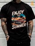 Men's T-Shirt Enjoy The Summer Vintage Car And Palm Trees With Sunset Beach Scene