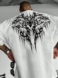 Men's T-Shirt Abstract Black Tribal Pattern With Spiked Lines On White Fabric Shirt