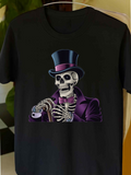 Men's T-Shirt Elegant Skeleton In Purple Outfit With Top Hat And Cane