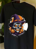 Men's T-Shirt Glowing Halloween Pumpkins And Haunted Witch Hat Skull