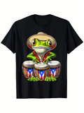 Men's T-Shirt Playful Green Frog With Conga Drums Wearing Straw Hat