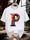 Men's T-Shirt Colorful Paint Splash Design With Dripping Artistic Letter P