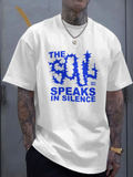 Men's T-Shirt The Soil Speaks In Silence Electric Blue Spiked Words On White Shirt